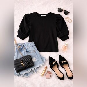FRAME Black Puff Sleeve Tee XS Organic Cotton Crewneck Top Chic Minimal